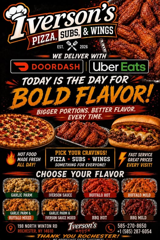 Iverson's Pizza, Subs & Wings advertisement showing pizza, wings and subs